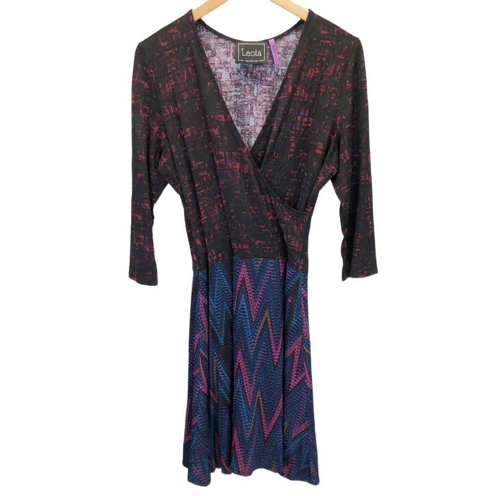 Leota faux wrap dress V Neck pink black red blue office career high modern Sz L